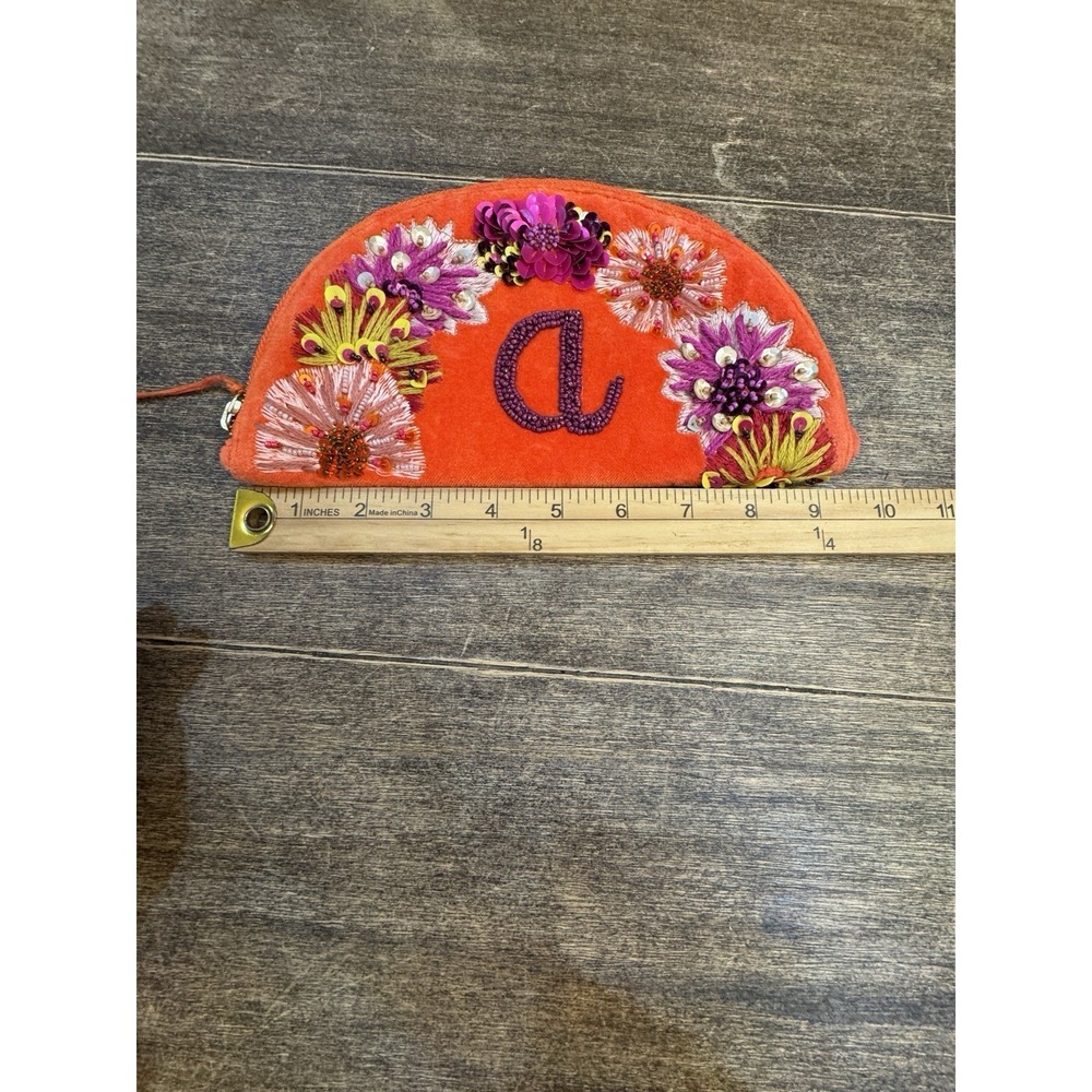 Anthropologie Monogram Crescent Pouch Orange with purple monogrammed A - Picture 4 of 10